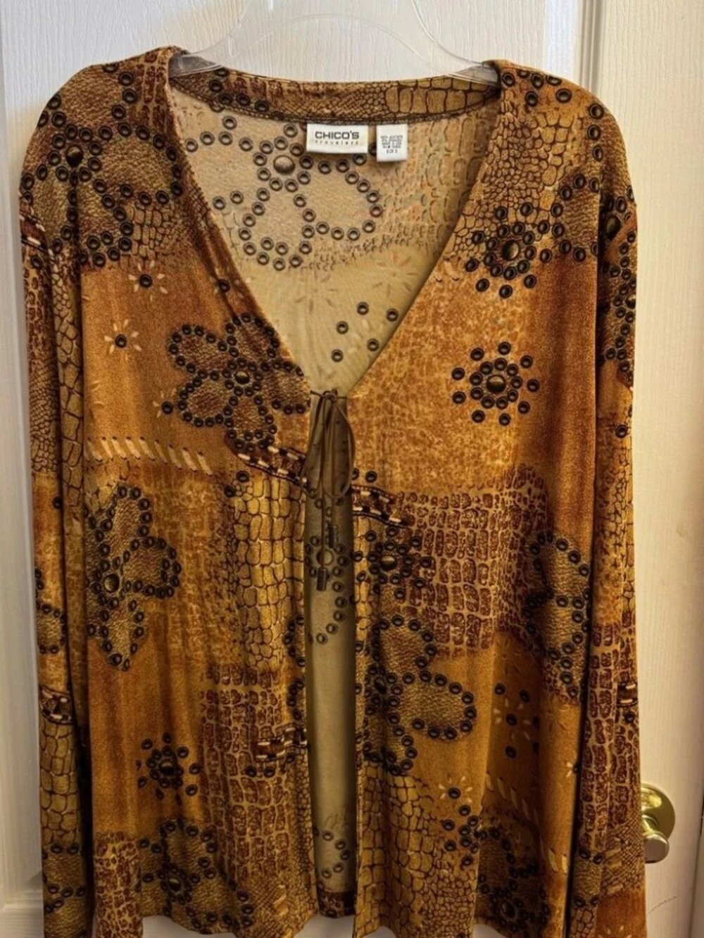 Chico's Tan & Brown flower Patterned Tie Cardigan